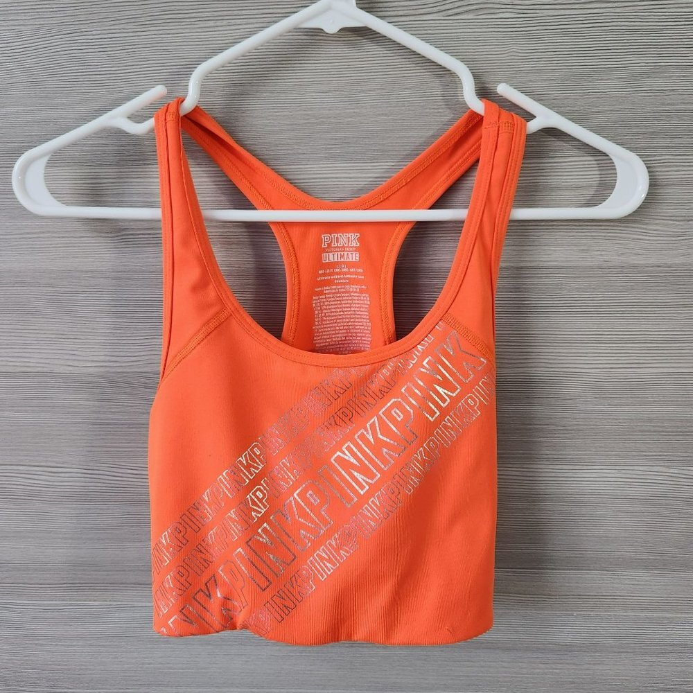 Pink by Victoria's Secret VS Ultimate Orange Gold Logo Sports Bra Women's Size L - Picture 1 of 8